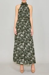 Melloday Abstract Print Maxi Dress Medium Mock Neck Resort Wedding Party NWT
