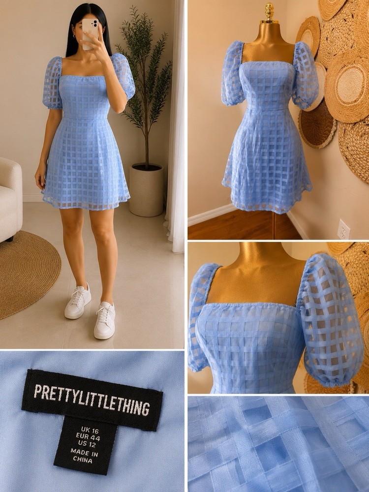 PrettyLittleThing Blue Check Square Neck Puff Sleeve Lined Mini Dress US 12