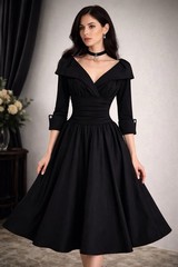 Black Tea Length Fit Flare Dress Ruched Waist Portrait Collar Noir Elegance 6