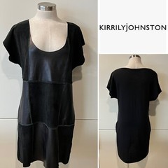 KIRRILY JOHNSTON Black Leather & Suede Patchwork,Knit Back Dress 10-12Aust/6-8US