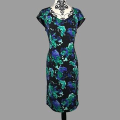 Jacques Vert Straight Dress Size 14 Blue Green Floral Wedding Guest Race Days