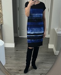 Jones NY Knit Summer Shift Dress M Blue Black Print Stripes With Side Pockets
