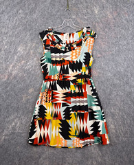 Francescas Bird Cage Label Dress Sz S Geometric Modern MCM Pleated Tribal Anime