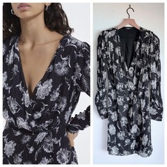 NEW The Kooples Floral & Polka Dot Print Long Sleeve Mini Dress in Black 2 US6