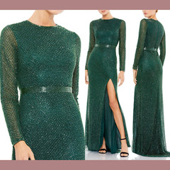 NEW $498 Mac Duggal [ 10 ] Beaded Long Sleeve High Slit Gown Bottle Green #G1307