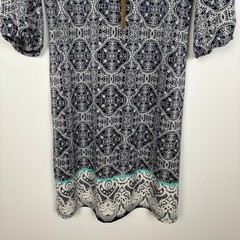 Tacera Womens Floral Geometric Paisley Dress Sz M Navy 3/4 Sleeve Slit Necklace