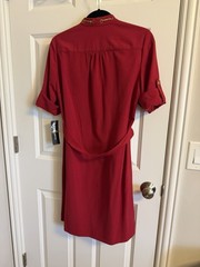 Sharagano Red Shirt Dress Button Front Belted Stretch Size 4 3/4 Sleeve