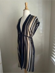 Theory Navy and Cream Striped V-Neck Midi Dress