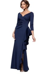 Xscape Women&rsquo;s Midnight Color, V-Neck Ruffled Side-Slit Scuba Gown Dress Size 8