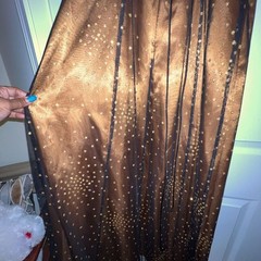 Morgan and Co Metallic Gold Polka Dot Sheer Overlay Corset Back Gown