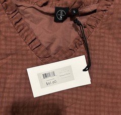 Sweet Salt Brown Check V-Neck Puff 3/4 Sleeve Smocked Lined Knee Dress L