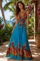Tropical Turquoise Floral Maxi Dress Boho Smocked Empire Waist Flowy Sundress M