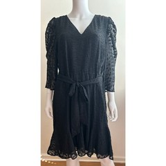 Karl Lagerfeld Burnout Logo Print V‑Neck Tie Waist Dress Black Women 16 NWT