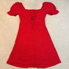 Red Puff Sleeve Mini Dress Size Large NWT Square Neck Lace Up Ruched Boho