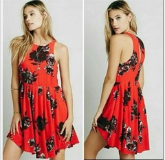 Free People Flutterby Printed Mini Dress Red/Black Floral Sz 12 Fit N Flare EUC