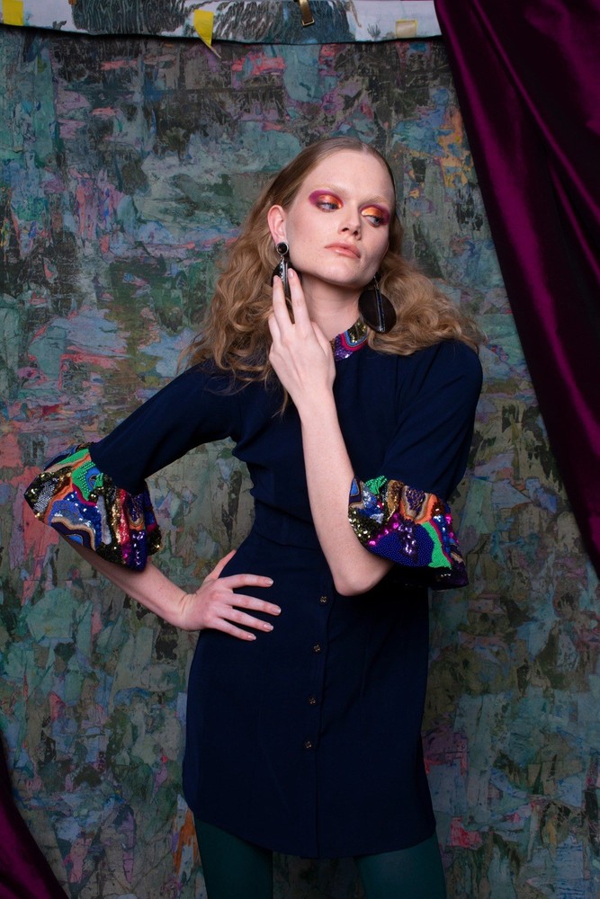 LaFuori Blue Multicolor Beaded Collared Dress Small