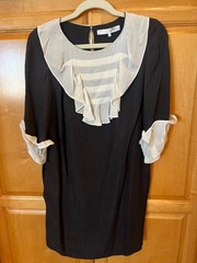 3.1 Phillip Lim Black/Ivory 100% Silk Dress Sz 2 Ruffle Bib Collar & Cuffs