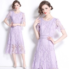 Vintage Floral Embroideried Crew Neck Short Sleeve Women Party Midi Lace Dresses