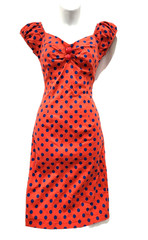 COLLECTIF London RED w BLUE POLKA DOT Midi Sweetheart Neck Retro Style Dress 6