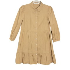 Zara Shirtdress Womens XS Tan Long Sleeve Tiered Mini Poplin Cotton Cotagecore