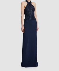 $5495 Naeem Khan Women&rsquo;s Blue Halter Crisscross Bead Bodice Gown Dress Size 12