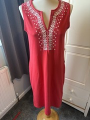 Weird Fish Red Embroidered Organic Cotton Dress Size 8 Sleeveless Pocket