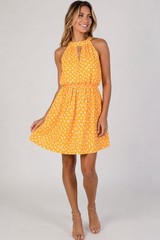 Women&rsquo;s Small Yellow Polka Dot Halter Dress Sleeveless Summer Mini Sundress