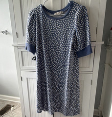 LOFT Blue White Polka Dot Knit Shift Dress Round Neck 3/4 Sleeve M