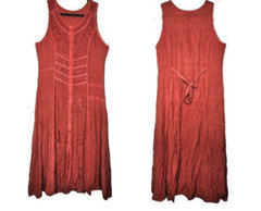 Embroidered Button Up Rust Orange M Tank Dress Waist ties Hippie Boho Artisanal