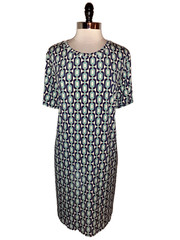 LEOTA Plus Size 2X Sheath Dress Black Aqua Ivory Geometric Short Sleeve Pockets