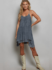 POL Embroidered Adjustable Strap Mini Washed Slate Blue Layered Blue Dress Large