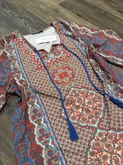 Urban Coco L Geometric Tasseled Shift Dress 3/4 Sleeve Red Blue Beige