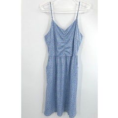 Womens Blue Floral Ditsy Sundress Women Large Pockets Ruched V-Neck Cottagecore