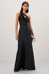 Herve Leger Bias Asymmetrical Gown Black Satin Maxi Dress One Shoulder – Size 4