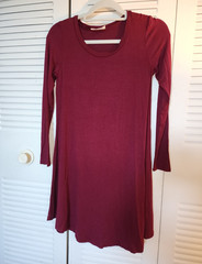 Reborn J Burgundy Solid Knit A-Line T-Shirt Dress Long Sleeve Round Neck SMALL