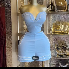 Blue Solid Strapless Bodycon Mini Dress S Sweetheart Neck Contrast Trim Short