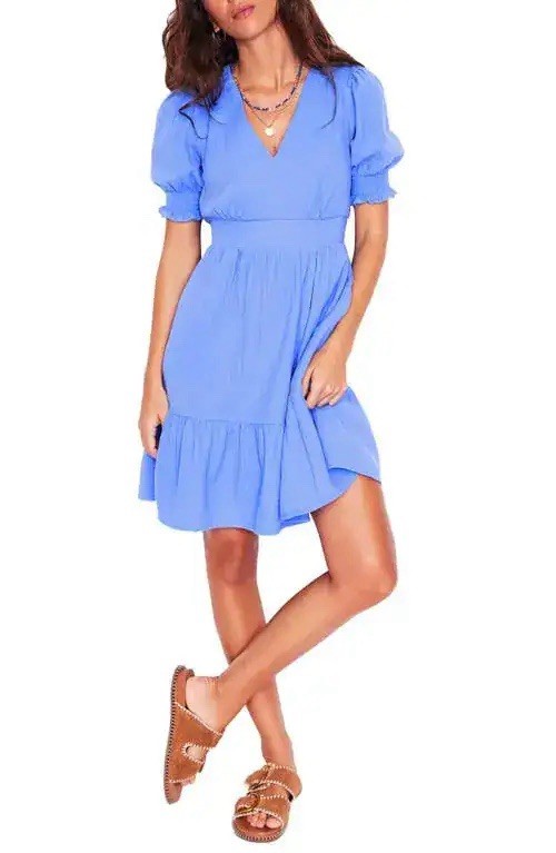 Boden Anna Blue V-Neck Puff Sleeve Smocked A-Line Short Dress US 8R