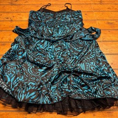 Ruby Rox Strapless Ruched Dress Blue Black Damask Tulle Skirt Size L Y2K cutie
