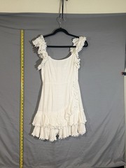 Selfie Leslie White Solid Mini Dress Sleeveless Ruffle Pom-Pom Zip Back S