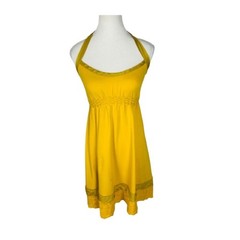Aquarius Mustard Yellow Halter Mini Dress Lace Trim Empire Waist Smocked Small