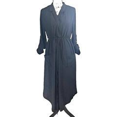 Faux Wrap Split Skirt Roll Tab Sleeve Maxi Dress Size L Black Goth Vamp Festival