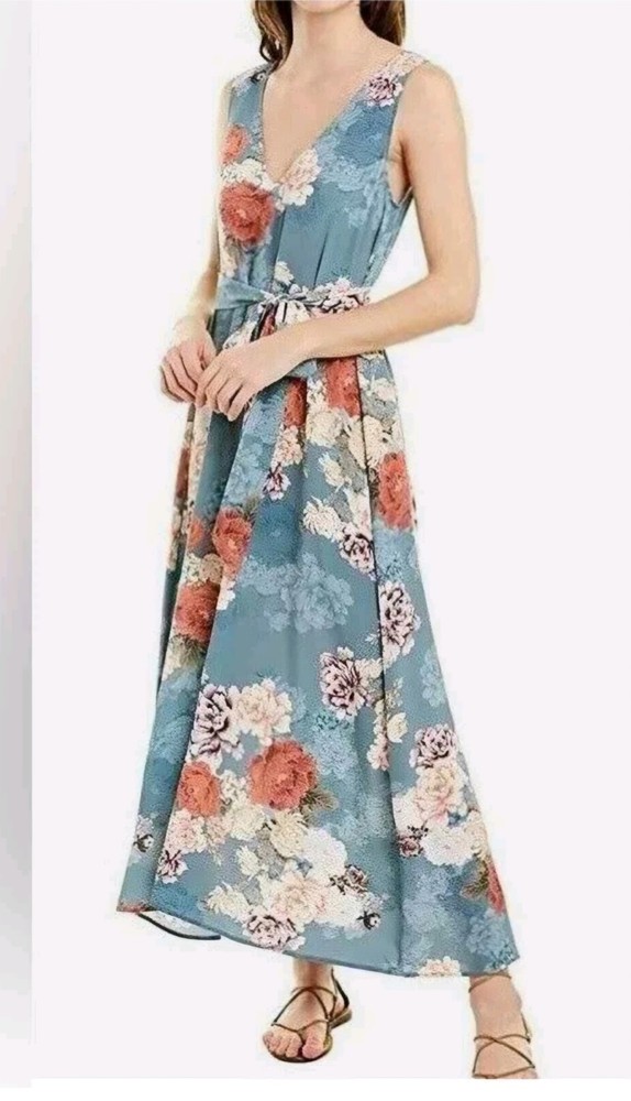 Jade Johnny Was Womens Maxi Silk V-Neck Sleeveless Tie Floral Dress Size M