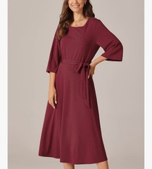 Burgundy Midi Dress – Tie Waist, Pockets | Size Medium (New with Tags)