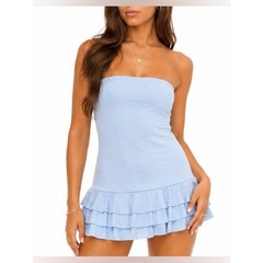 Edikted Strapless Ruffle Mini Dress Light Blue Size XS