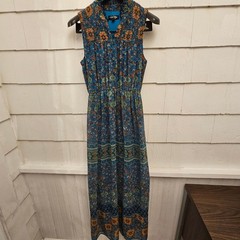 Love Reign Blue Boho Floral Maxi Dress Sleeveless Smocked Neck Size S