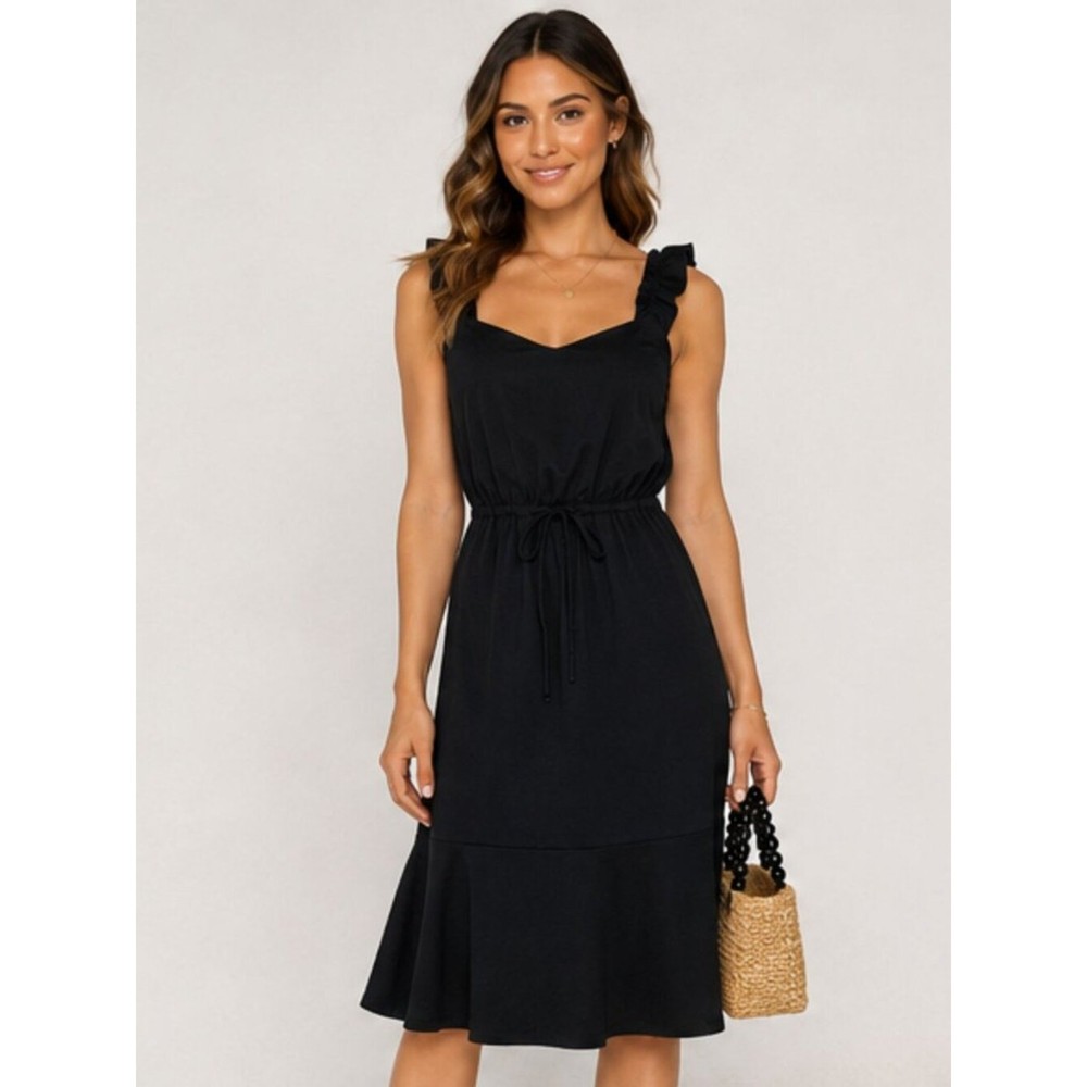 Who What Wear Black Ruffle Strap Tie Waist Midi Dress XS
