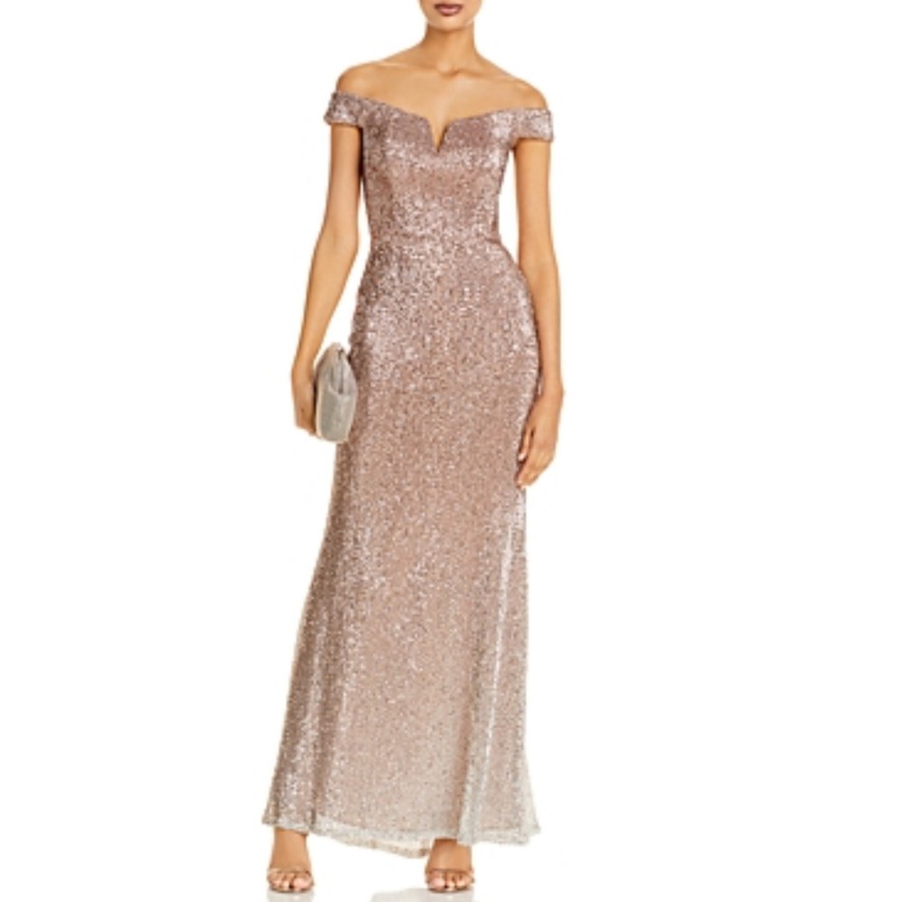 AQUA Pink Rose Gold Evening Gown Sequin Off the Shoulder A-Line Dress Size 4
