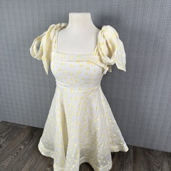 Mable Fit & Flare Mini Dress Sz M Butter Yellow Polka Dot Bow Strap Babydoll