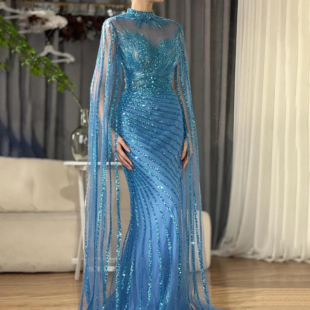 Mermaid Angular Sleeve Lace Bead Evening Dress Sweeping Train Prom Ball Gown