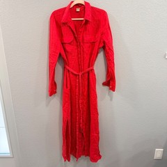 Magaschoni Women&rsquo;s M Red 100% Linen Maxi Shirt Dress Long Sleeve Waist Tie